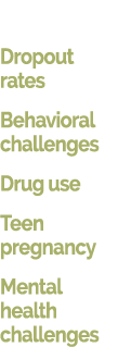 Dropout rates Behavioral challenges Drug use Teen pregnancy Mental health challenges