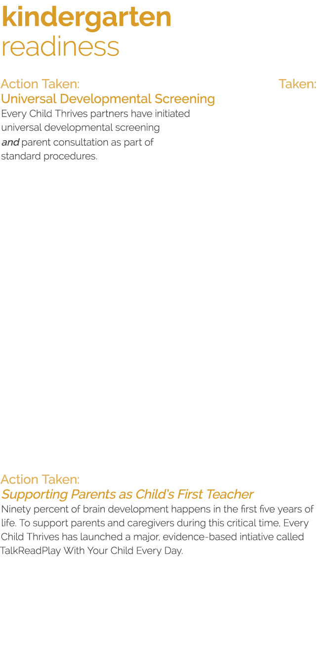 kindergarten readiness Action Taken: Taken: Universal Developmental Screening Every Child Thrives partners have initi   