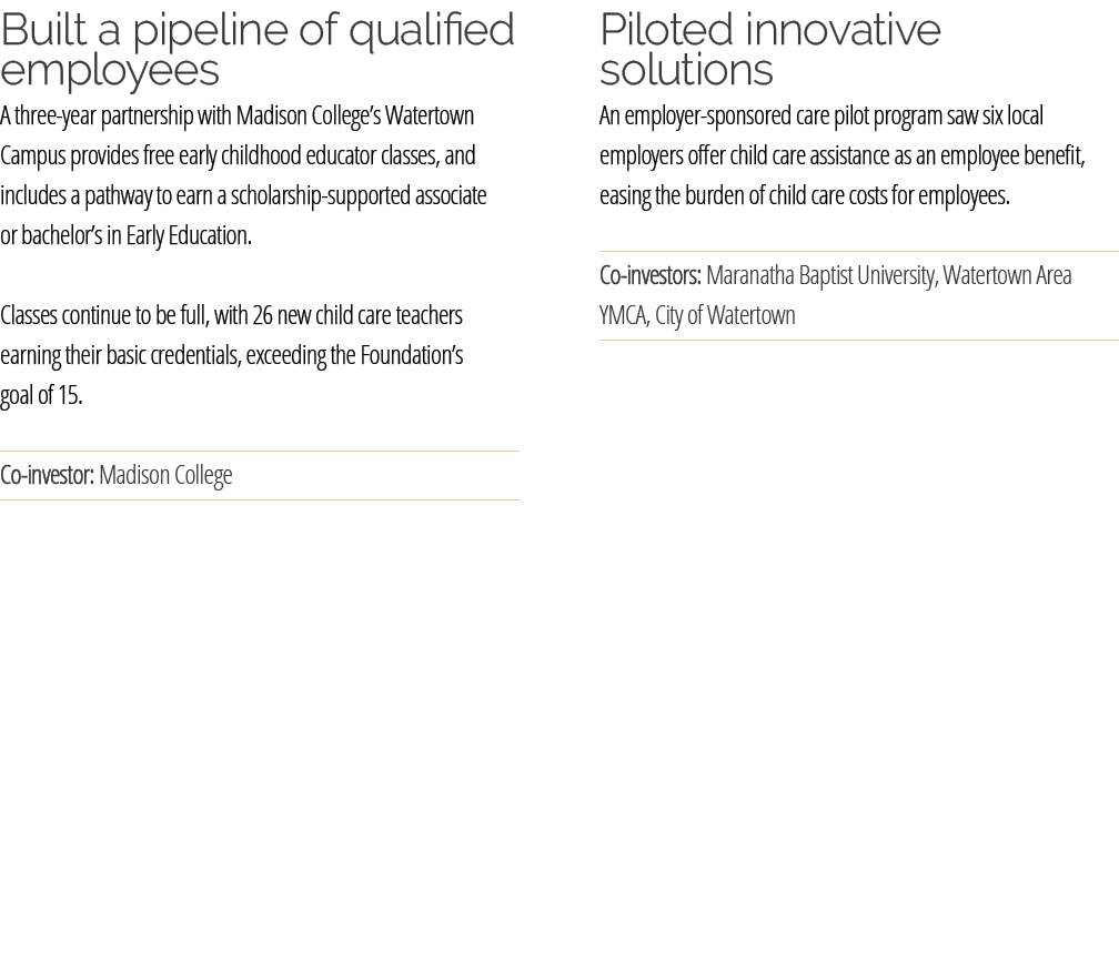 Built a pipeline of qualified employees A three year partnership with Madison College’s Watertown Campus provides fre...