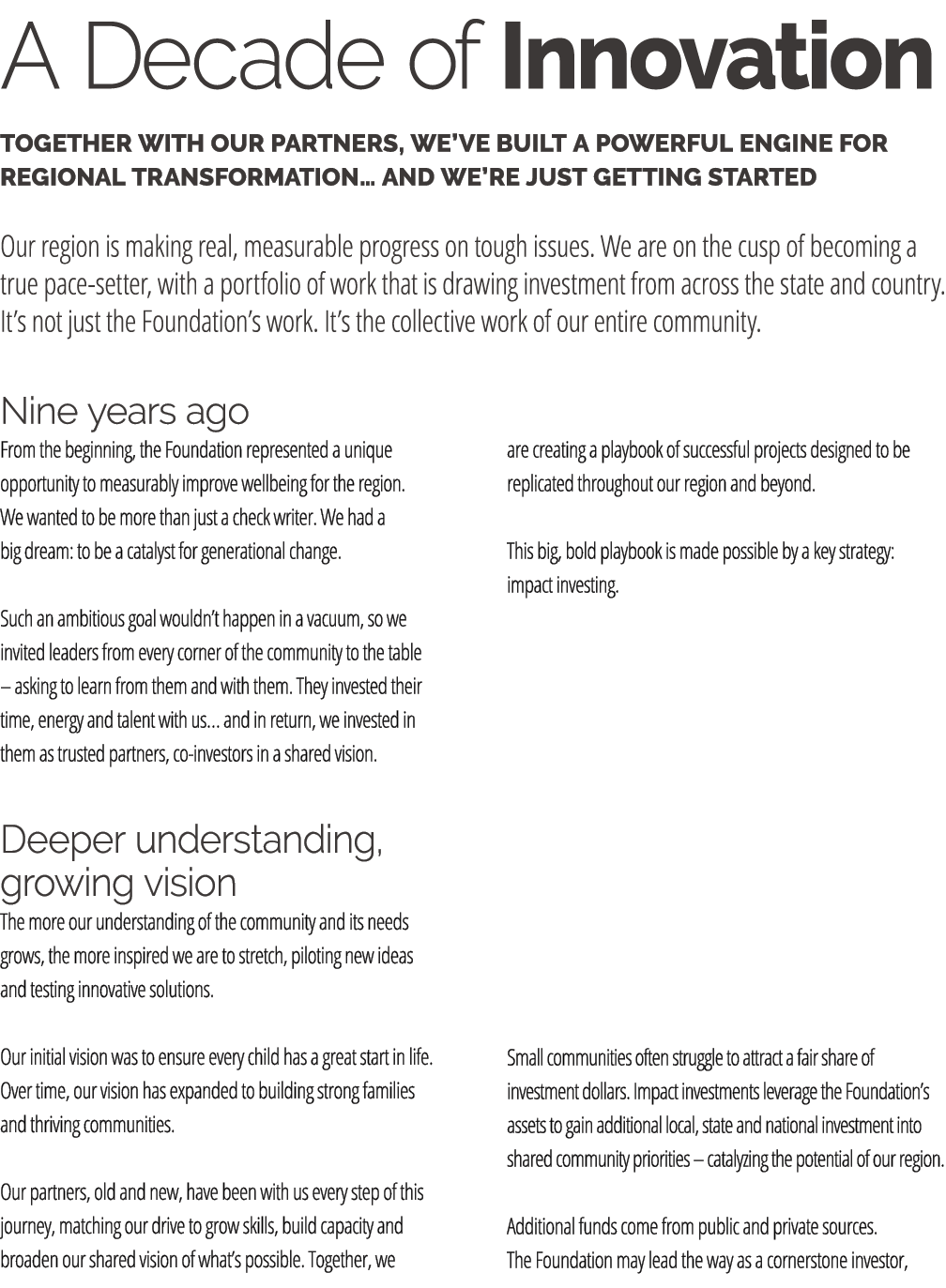 A Decade of Innovation TOGETHER WITH OUR PARTNERS, WE’VE BUILT A POWERFUL ENGINE FOR REGIONAL TRANSFORMATION… AND WE’...